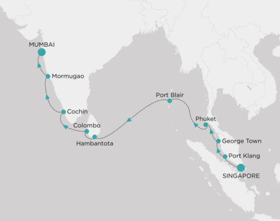 Crystal Cruise map Singapore to Mumbai