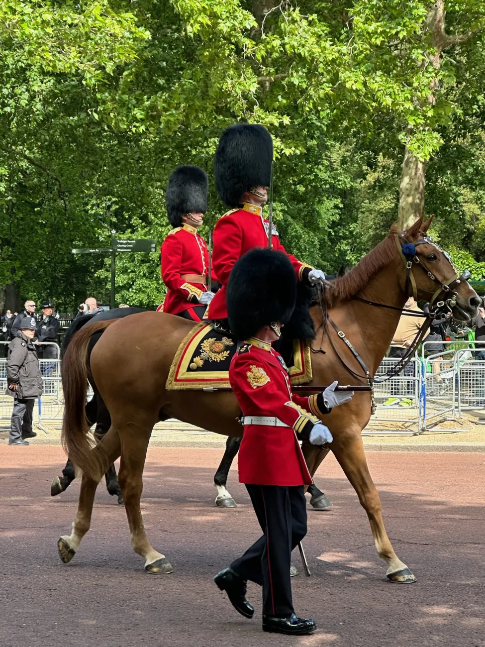 Mounted guards in red uniforms and bearskin hats riding in a ceremonial procession in London
