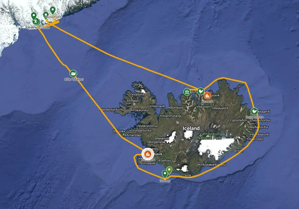 Map showing a National Geographic Endurance expedition route around Iceland and into Greenland’s fjords, with labeled waypoints for wildlife sightings and key stops.